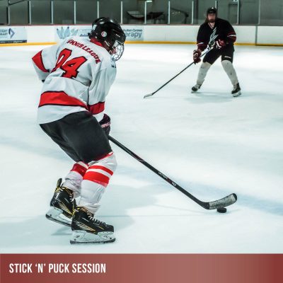 Product Image for Stick & Puck Session at cockburn ice arena. Two players on the ice.