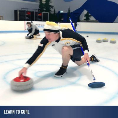 Product image for Learn to curl lessons. A man on one knee launching a curling stone down his lane.