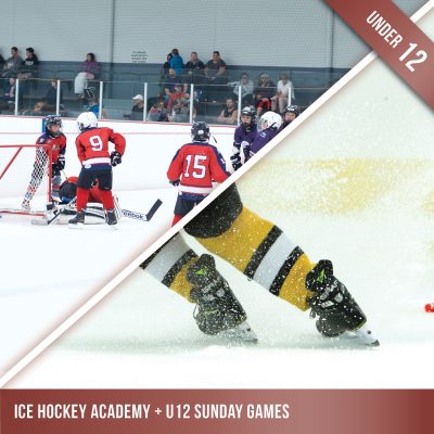 Product image for Ice Hockey Academy andSunday Games. Group of under 12 aged kids playing ice hockey