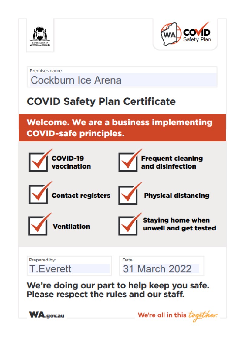 Cockburn Ice Arena COVID Safety Plan Certificate, Level 1, 30 March 2022