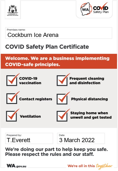 Covid Safety Plan certificate for Cockburn Ice Arena