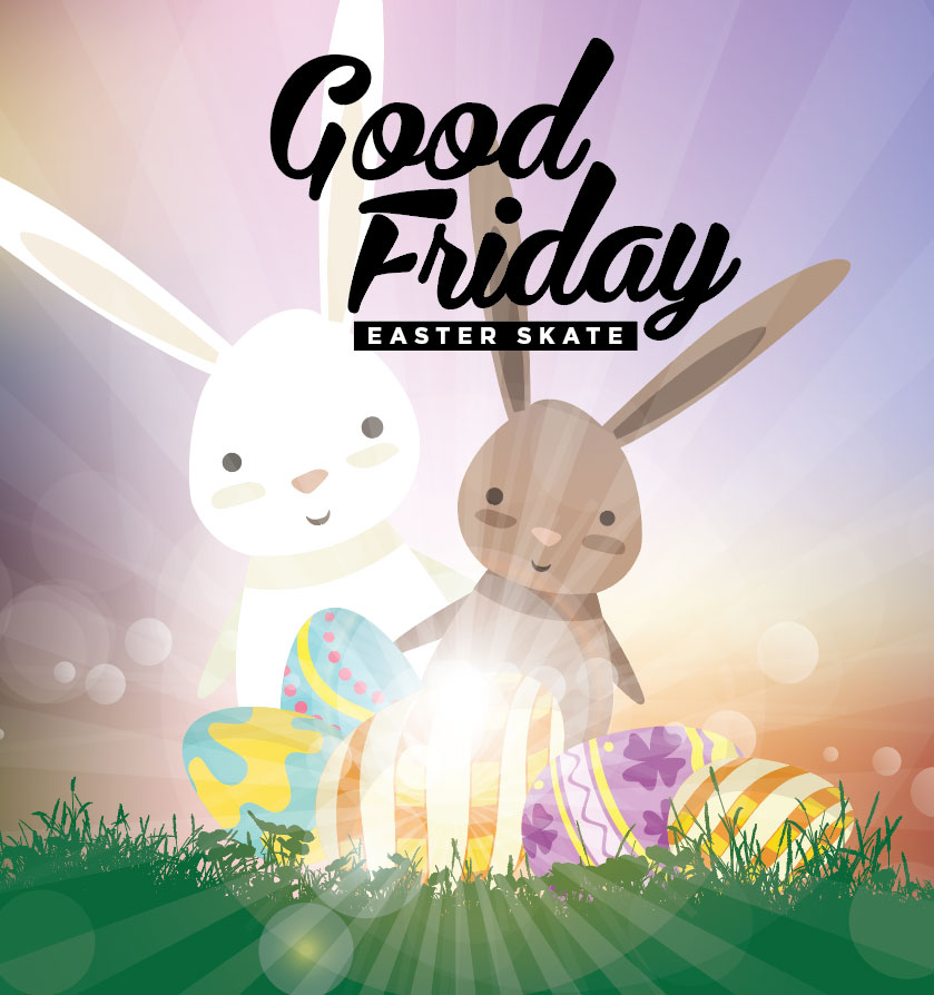 Good Friday Easter Skate graphic with bunnies and Easter eggs
